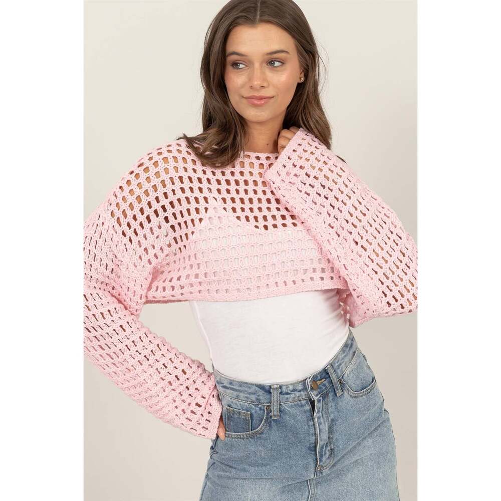 Blush Pink Open Knit Crochet Crop Top Long Sleeve Y2k Sweater Shrug